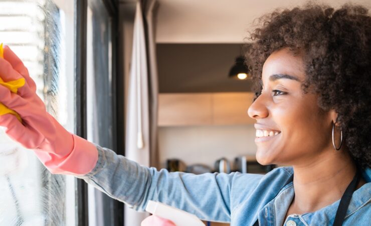 Portrait of young afro woman in gloves cleaning window with rag at home. Housework, housekeeping and cleaning concept.